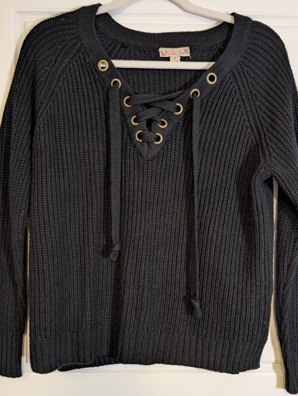 It's Our Time Black Lace-Up Ribbed Knit Sweater